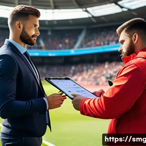 스포츠경영관리사와 스포츠 경제학의 이해 - A dynamic sports event management scene showing a professional sports manager coordinating with staf...