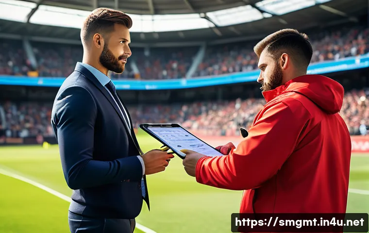 스포츠경영관리사와 스포츠 경제학의 이해 - A dynamic sports event management scene showing a professional sports manager coordinating with staf...