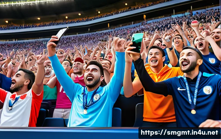 스포츠경영관리사와 팬 경험 관리 - A vibrant sports stadium scene during a live game, showcasing enthusiastic fans actively engaging wi...