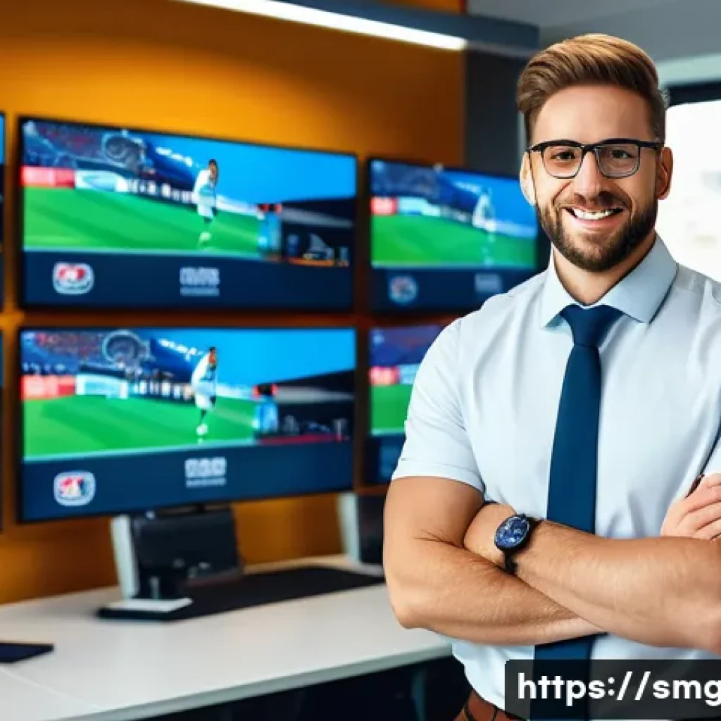 스포츠경영관리사 자격증 가이드북 - A professional sports marketing manager at work in a modern office environment, surrounded by multip...