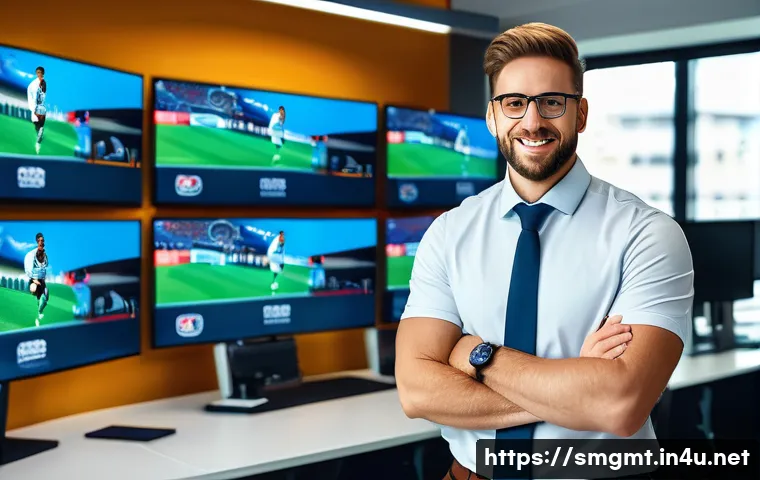 스포츠경영관리사 자격증 가이드북 - A professional sports marketing manager at work in a modern office environment, surrounded by multip...