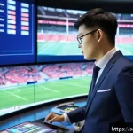 Home 18 스포츠경영관리사 취업 시장 분석 - A professional sports manager in a modern stadium control room, surrounded by multiple large screens...