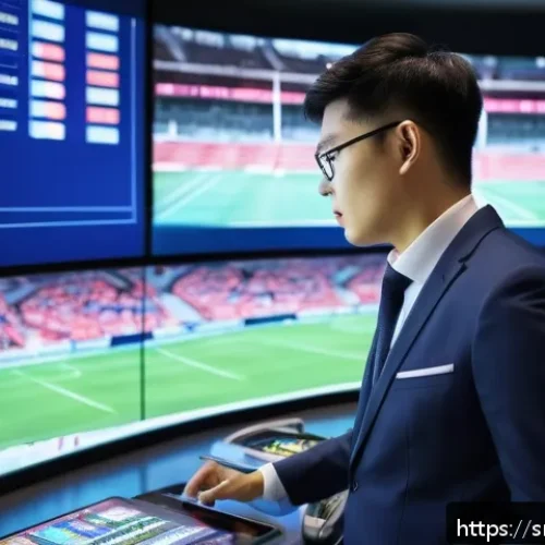 Home 30 스포츠경영관리사 취업 시장 분석 - A professional sports manager in a modern stadium control room, surrounded by multiple large screens...