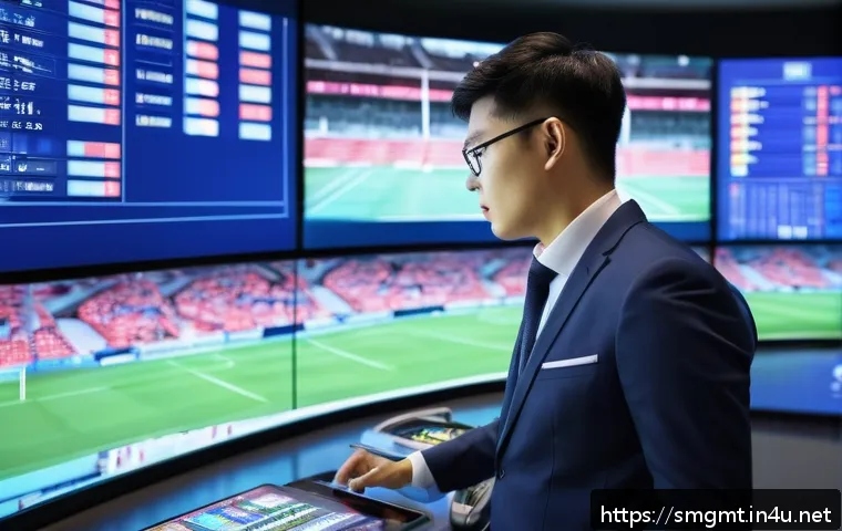 스포츠경영관리사 취업 시장 분석 - A professional sports manager in a modern stadium control room, surrounded by multiple large screens...
