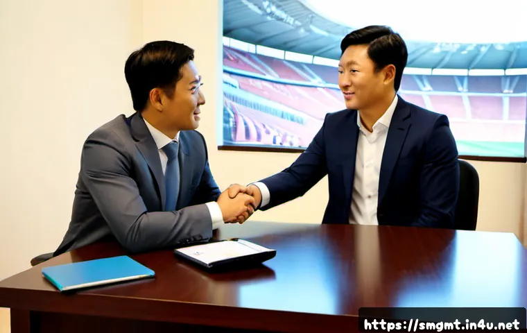 Home 17 스포츠경영관리사 연봉 협상 전략 - Photorealistic salary negotiation meeting for a sports management professional, confident young prof...