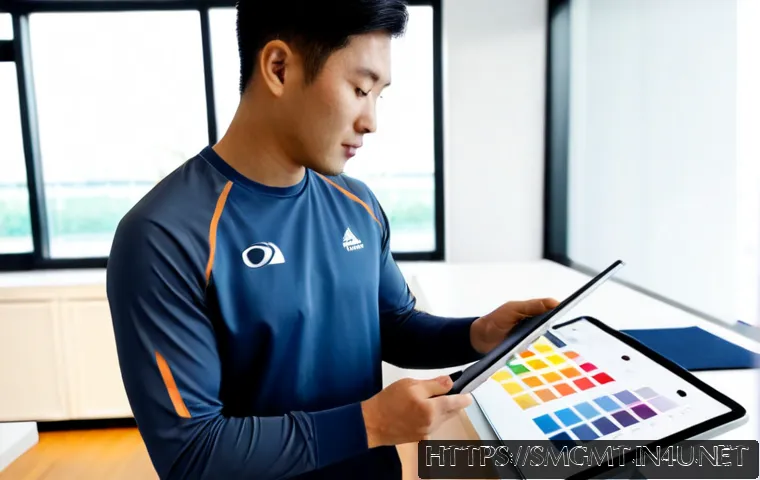 Home 17 스포츠경영관리사와 스포츠 브랜드 런칭 - Photorealistic sports business manager in a modern athletic apparel studio, reviewing blank product ...