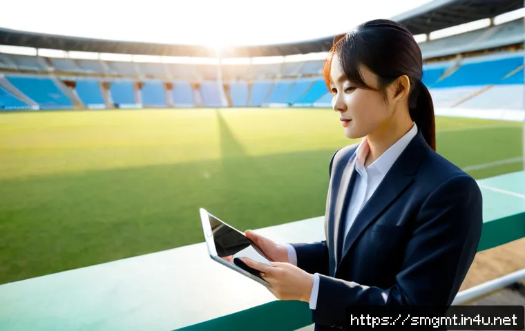Home 17 스포츠경영관리사와 대회 홍보 전략 - Photorealistic sports event manager in a neat business-casual outfit reviewing a tournament promotio...
